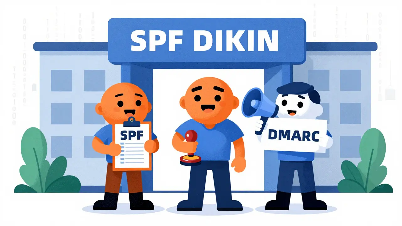 Ризограф-иллюстрация: три персонажа SPF, DKIM и DMARC охраняют домен