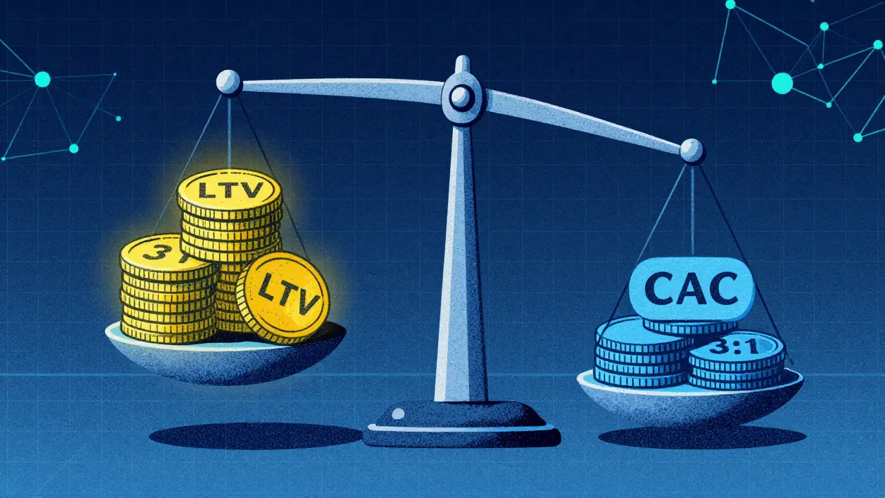 Весы с балансом LTV и CAC, показывающие идеальное соотношение для бизнеса