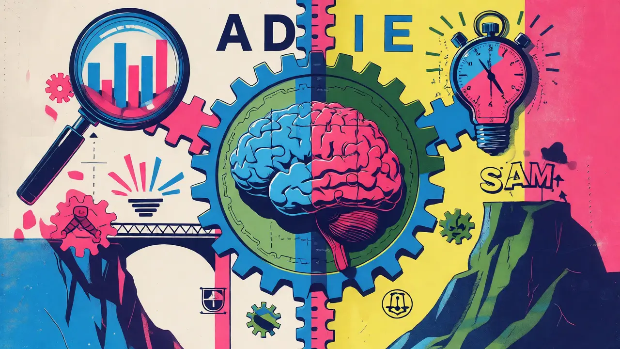 Концептуальная иллюстрация моделей ADDIE и SAM с шестеренками, мозгом и инструментами измерения