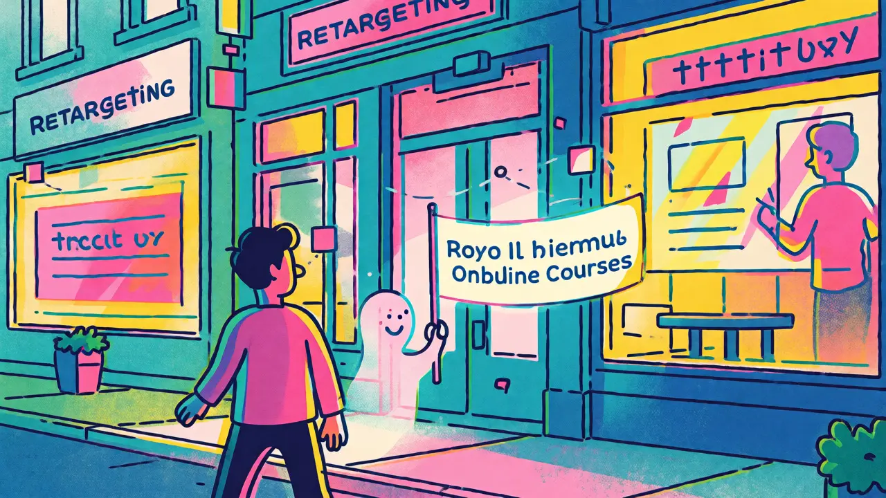 Рисованный сценарий ретаргетинга: пользователь на улице и следящий за ним рекламный баннер в эстетике ризографа.